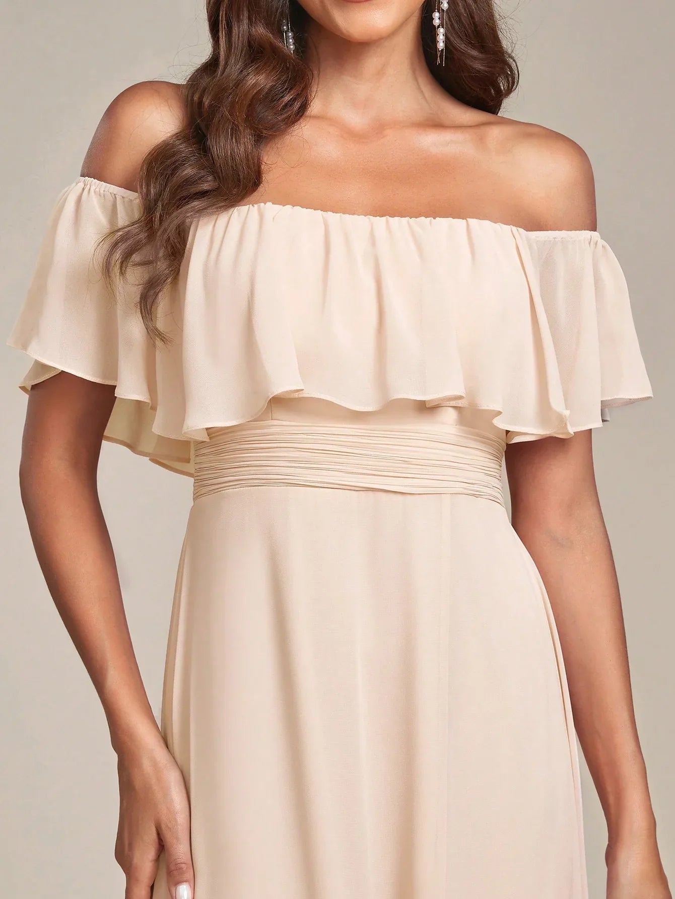 Bridesmaid off shoulder chiffon ruffle dress