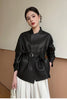 Women Leather Jacket Lychee Grain Belted Short Coat