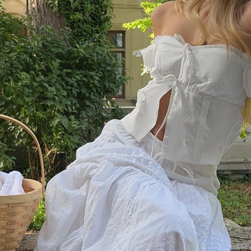 Lace Patchwork Tie Front Puff Sleeve Crop Top