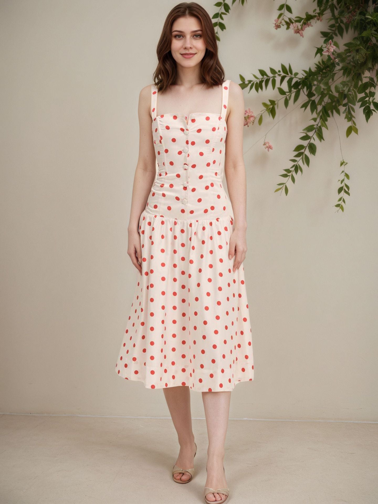 Women’s Sleeveless Polka Dot Summer Dress Midi Sundress Vacation Outfit