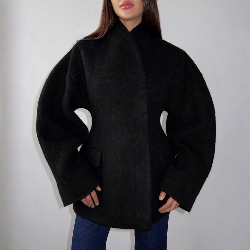 Women Thick Woolen Coat with Semi-High Collar