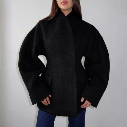 Women Thick Woolen Coat with Semi-High Collar