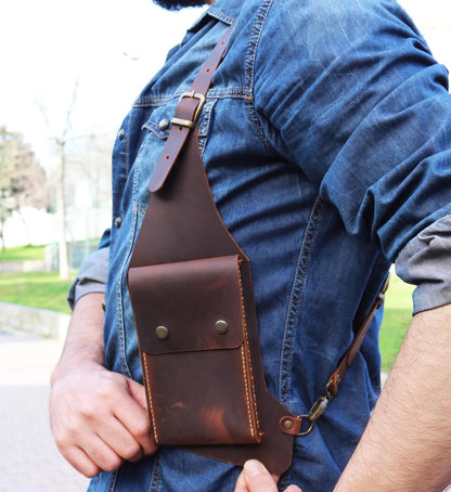 Men’s Shoulder Holster Bag in Brown Faux Leather for Hands-Free Carry