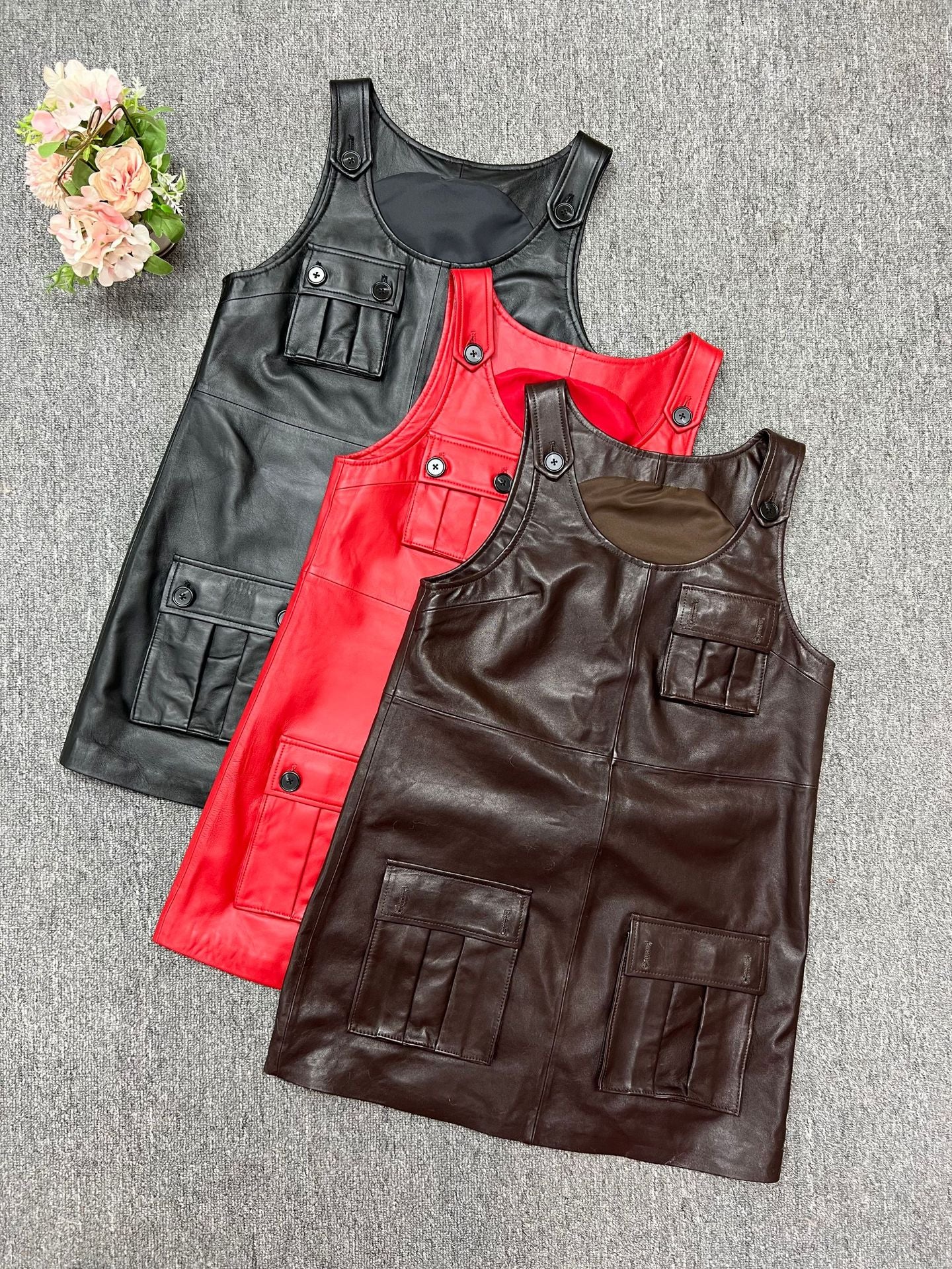 Women Leather Mini Dress A-Line Pocket Dress