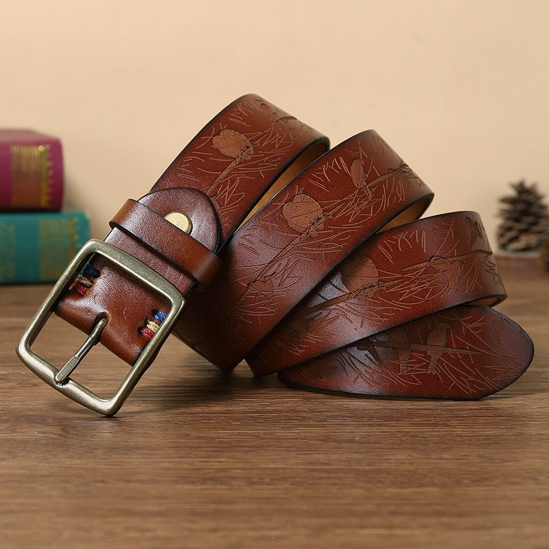 Men’s Engraved Leather Belt with Top-Grain Cowhide and Brass Buckle