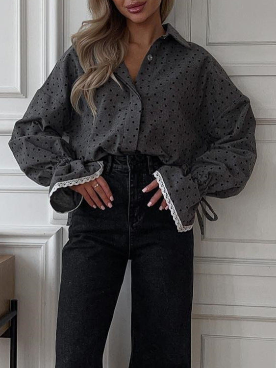 Grey heart print lace cuff lapel button long sleeve shirt