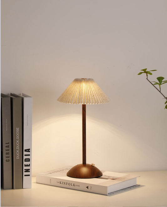 Nordic Pleated Table Lamp Rechargeable LED Wooden Base Bedside Light