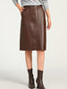 Brown Leather Midi Skirt High Waisted A-Line with Front Zipper