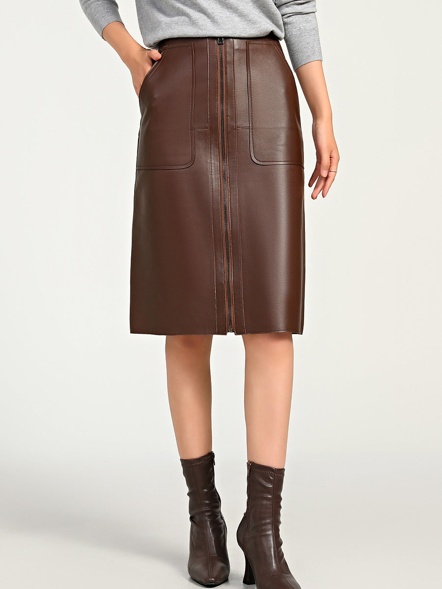 Brown Leather Midi Skirt High Waisted A-Line with Front Zipper