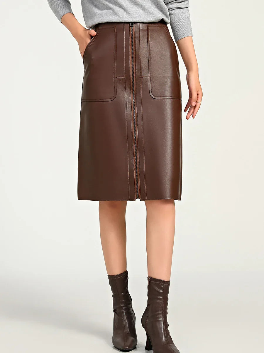 High waisted brown lambskin midi skirt
