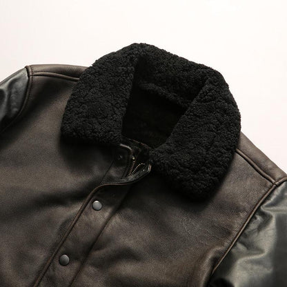 Men’s Black Leather Bomber Jacket with Real Shearling Collar