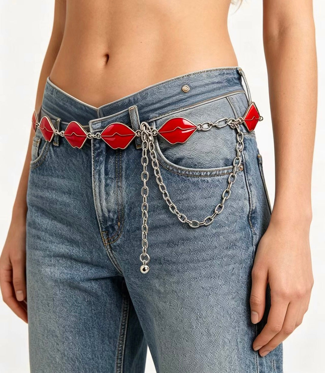Women’s Red Lip Waist Chain Silver Tone Belt