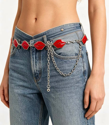 Women’s Red Lip Waist Chain Silver Tone Belt