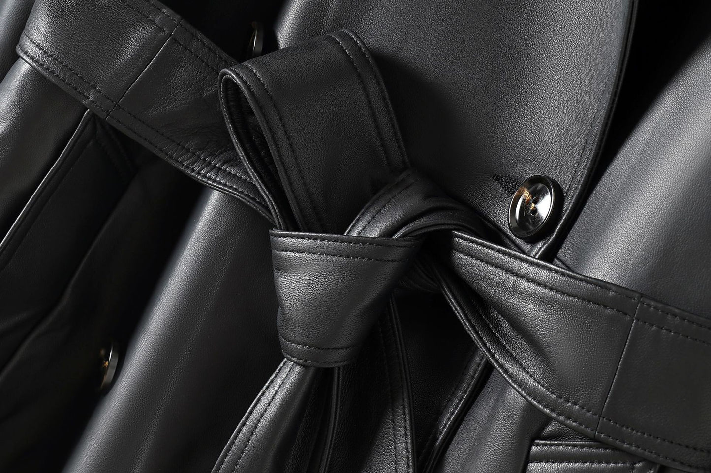 Women Leather Trench Coat Double-Breasted Long Belted