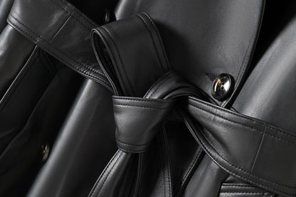 Women Leather Trench Coat Double-Breasted Long Belted