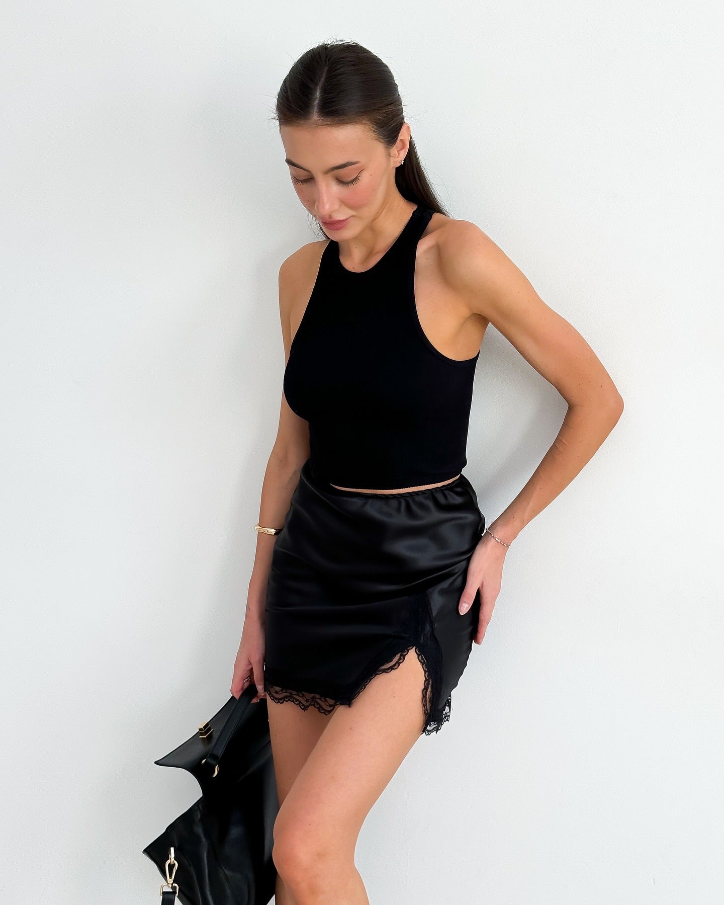 Black Satin Lace Trim Slit Mini Skirt