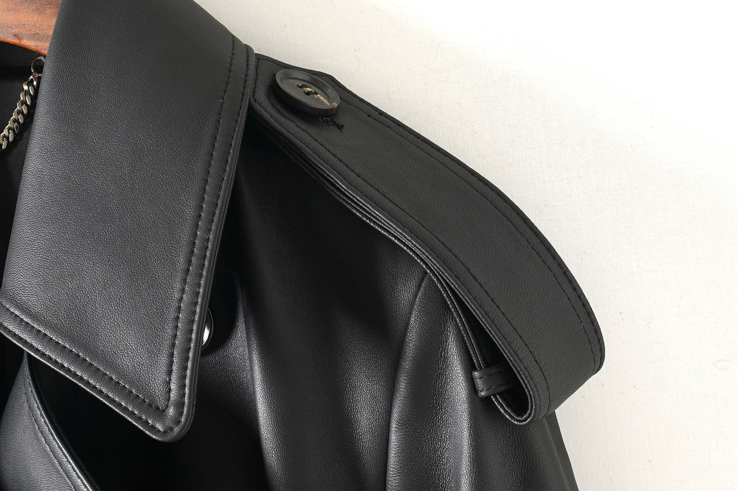 Women Leather Trench Coat Double-Breasted Long Belted