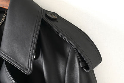 Women Leather Trench Coat Double-Breasted Long Belted