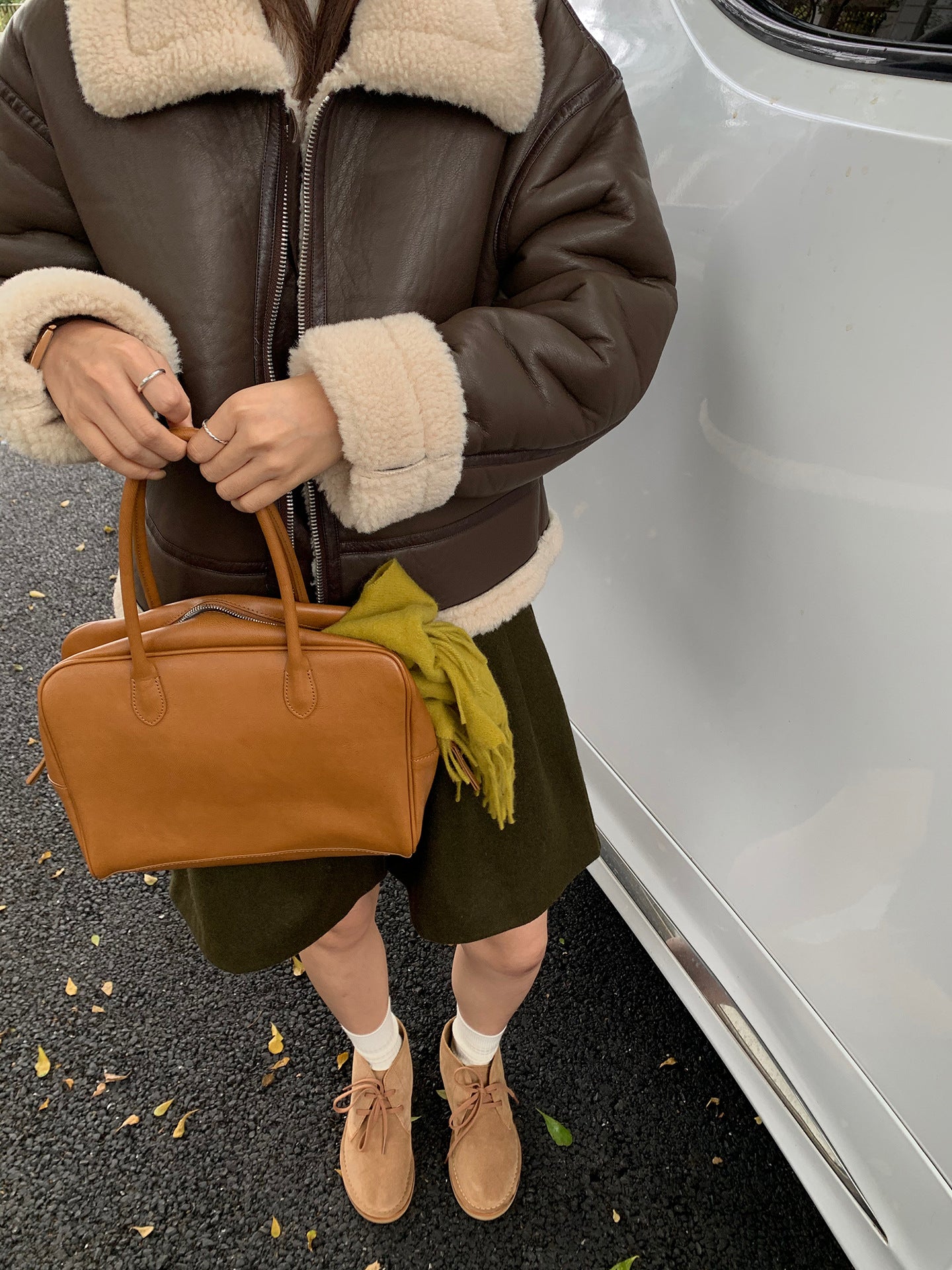 Brown shearling trim leather bomber jacket women