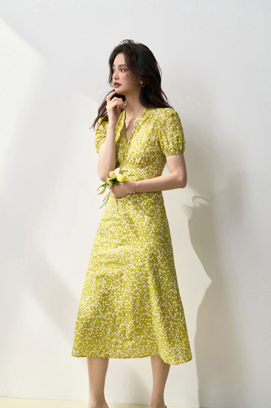 yellow floral v neck midi dress summer