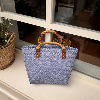 Woven Summer Tote Bag With Bamboo Handle