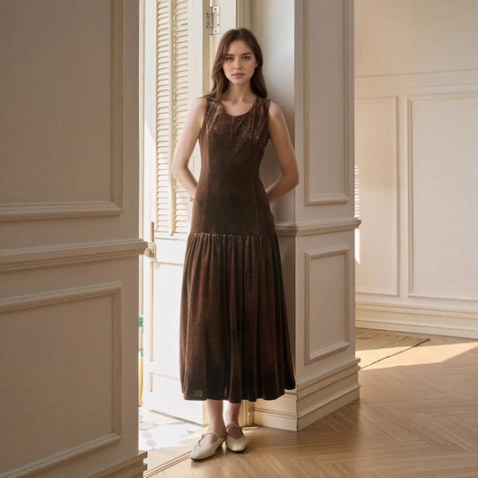 Velvet Midi Dress Women Solid Color Sleeveless
