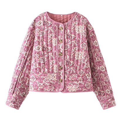 Women Floral Quilted Cotton Jacket Round Neck