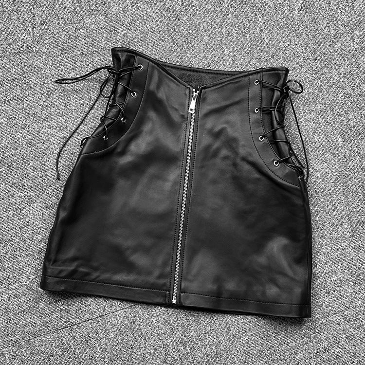 Leather Mini Skirt  High Waist  Front Lace-Up