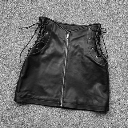 Leather Mini Skirt  High Waist  Front Lace-Up