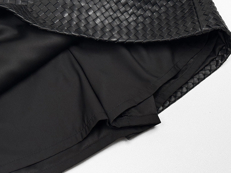 Genuine Black Leather Mini Skirt High Waisted Woven A-Line