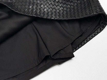 Genuine Black Leather Mini Skirt High Waisted Woven A-Line