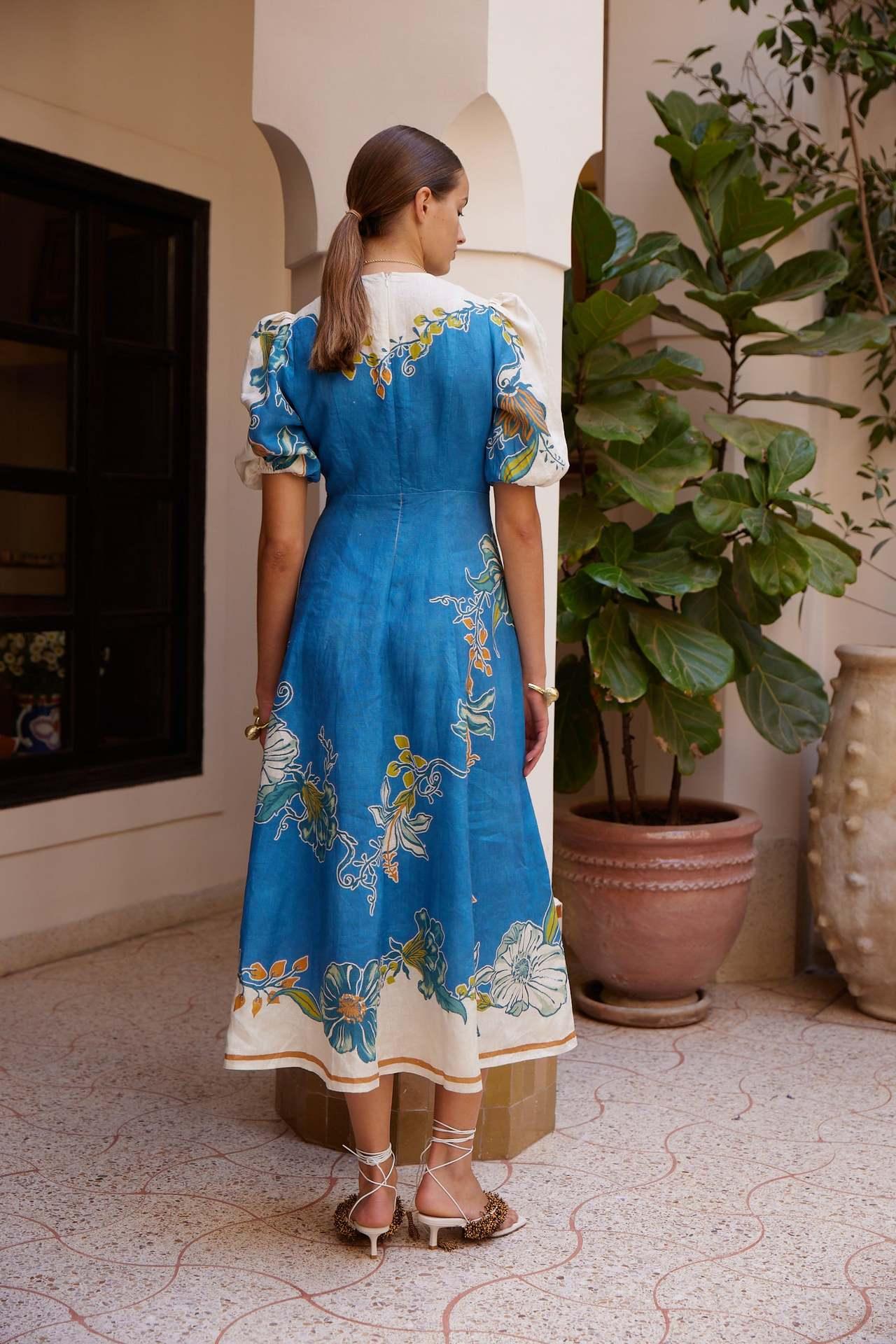 Floral linen maxi dress with lantern sleeves