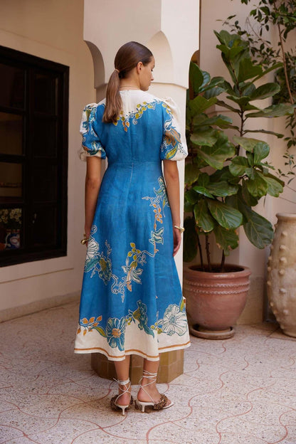 Floral linen maxi dress with lantern sleeves