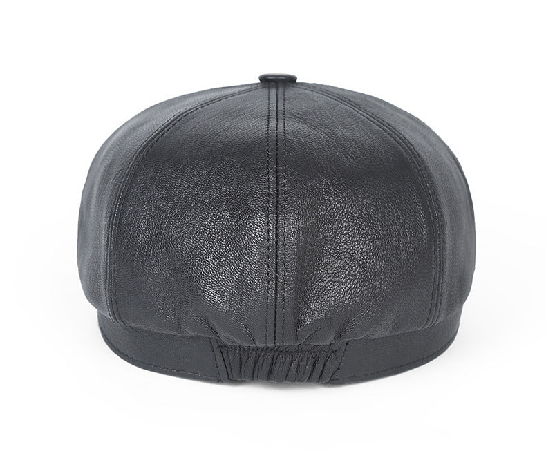 Men's leather newsboy cap with sheepskin