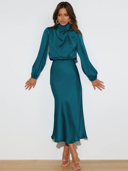 High Neck Long Sleeve Bridal Maxi Dress