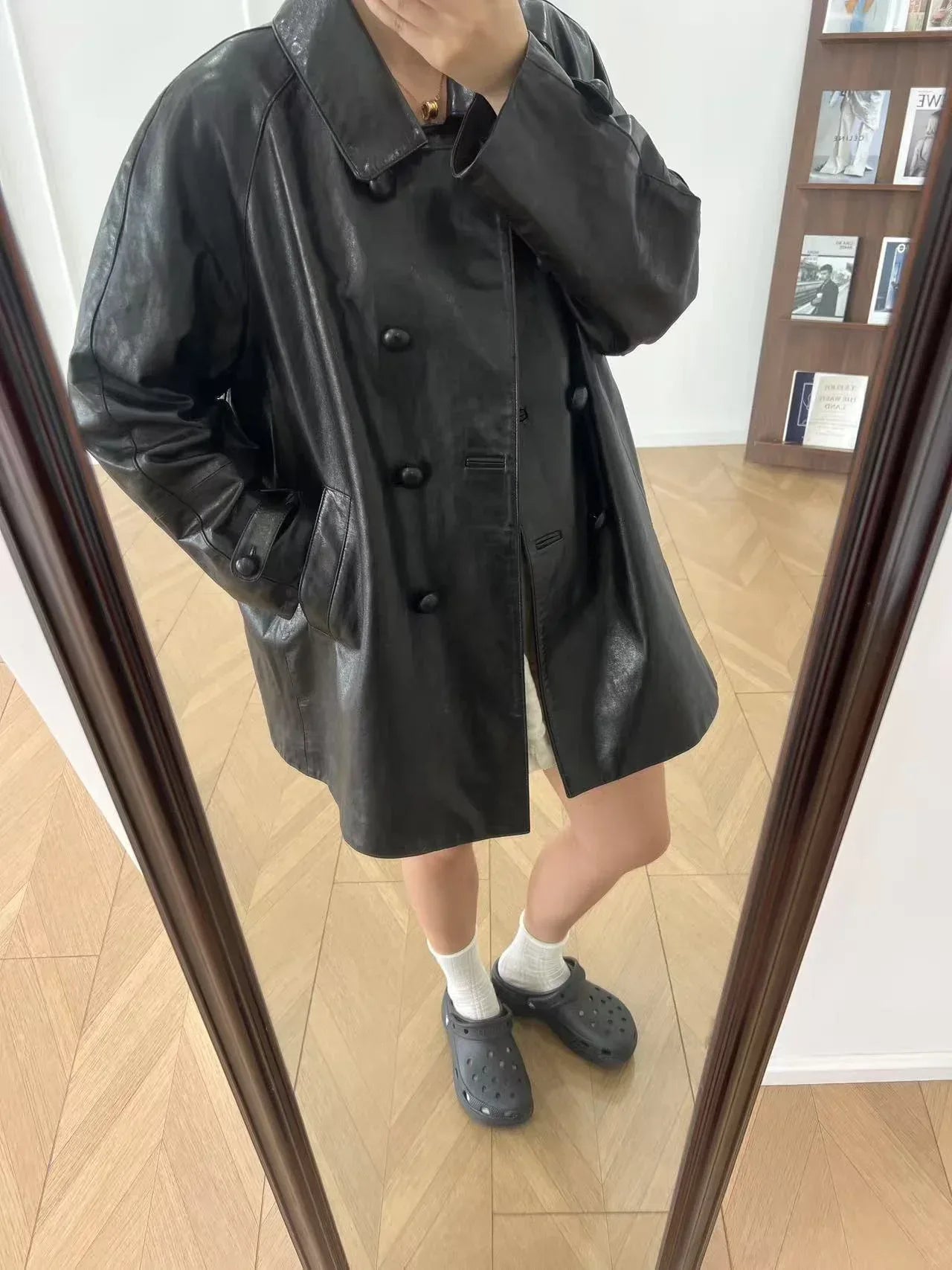 Women Oversized Leather Jacket Double Breasted