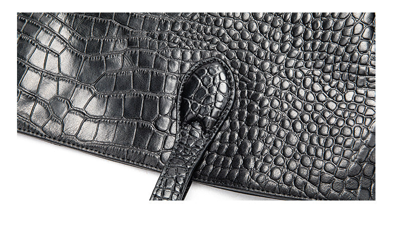 Black Leather Cylindrical Tote Shoulder Bag Crocodile Pattern