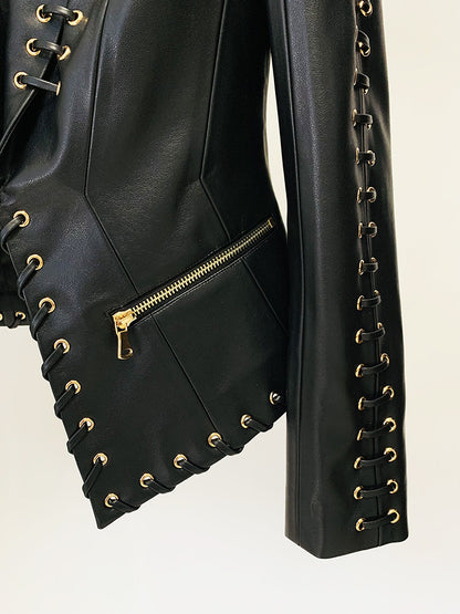 Women slim fit lace up faux leather jacket