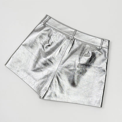 Women’s Silver Leather Mid-Rise  Shorts