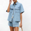 Women’s Denim Two Piece Short Sleeve Shirt and Shorts Set