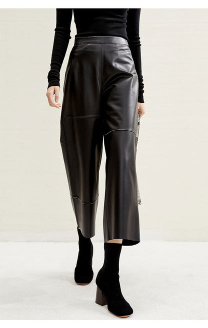 Irregular Cut Leather Wide Leg Pants for Women Cropped Straight Fit