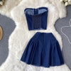 High Waist Denim Two Piece Skirt Set with Bustier Top for Women