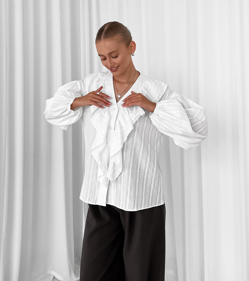 French ruffled v neck cotton blouse