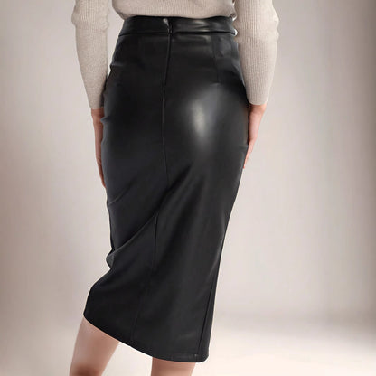 High Waisted PU Leather Wrap Skirt with Slit