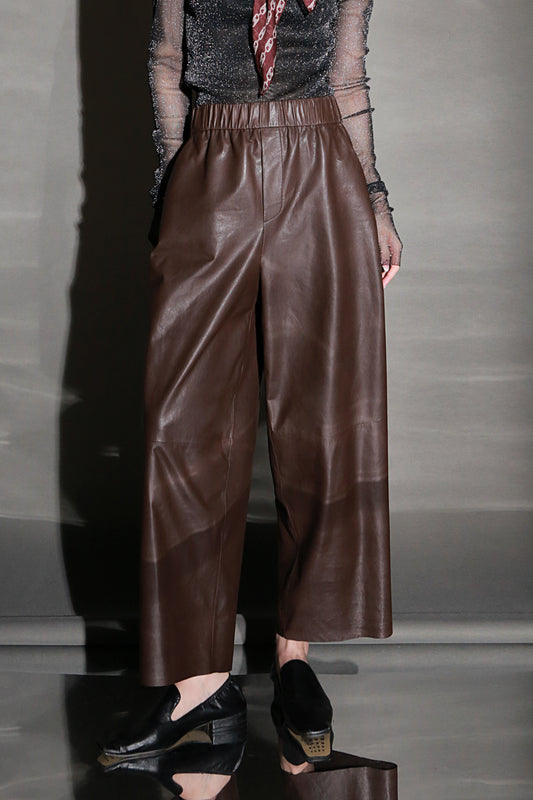 Women Genuine Leather High Waisted Wide Leg Pants