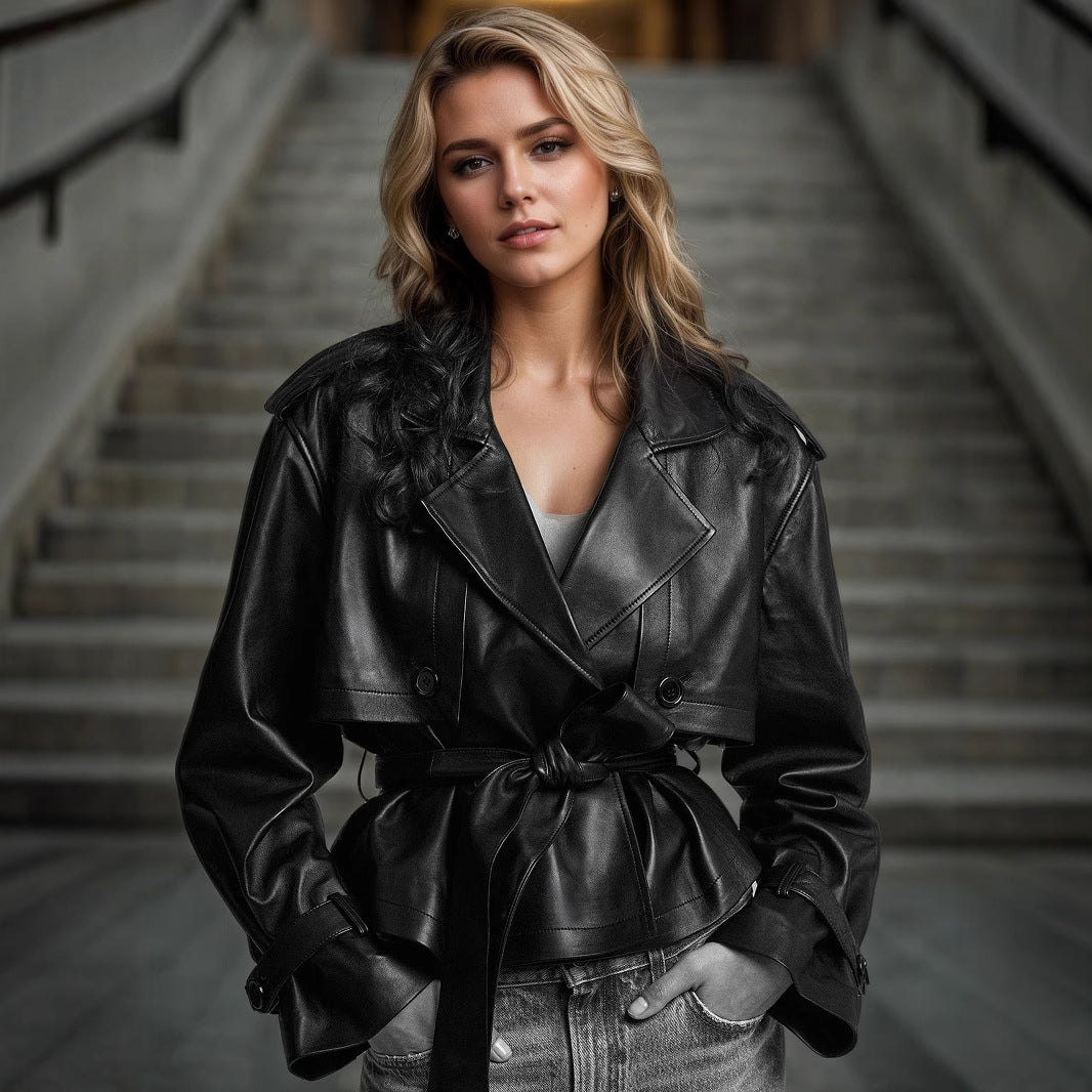 Women’s Faux Leather Belted Short Jacket Black Cropped