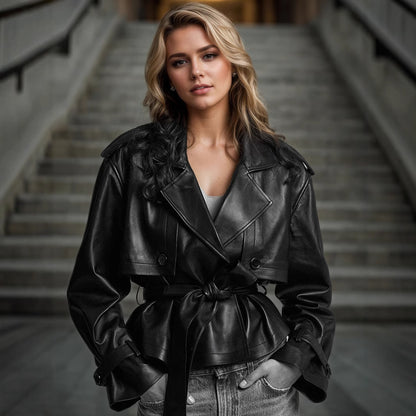 Women’s Faux Leather Belted Short Jacket Black Cropped
