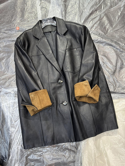 Women Leather Jacket Mid-Length Blazer with Suede Cuffs