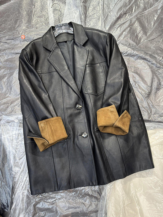 Women Leather Jacket Mid-Length Blazer with Suede Cuffs