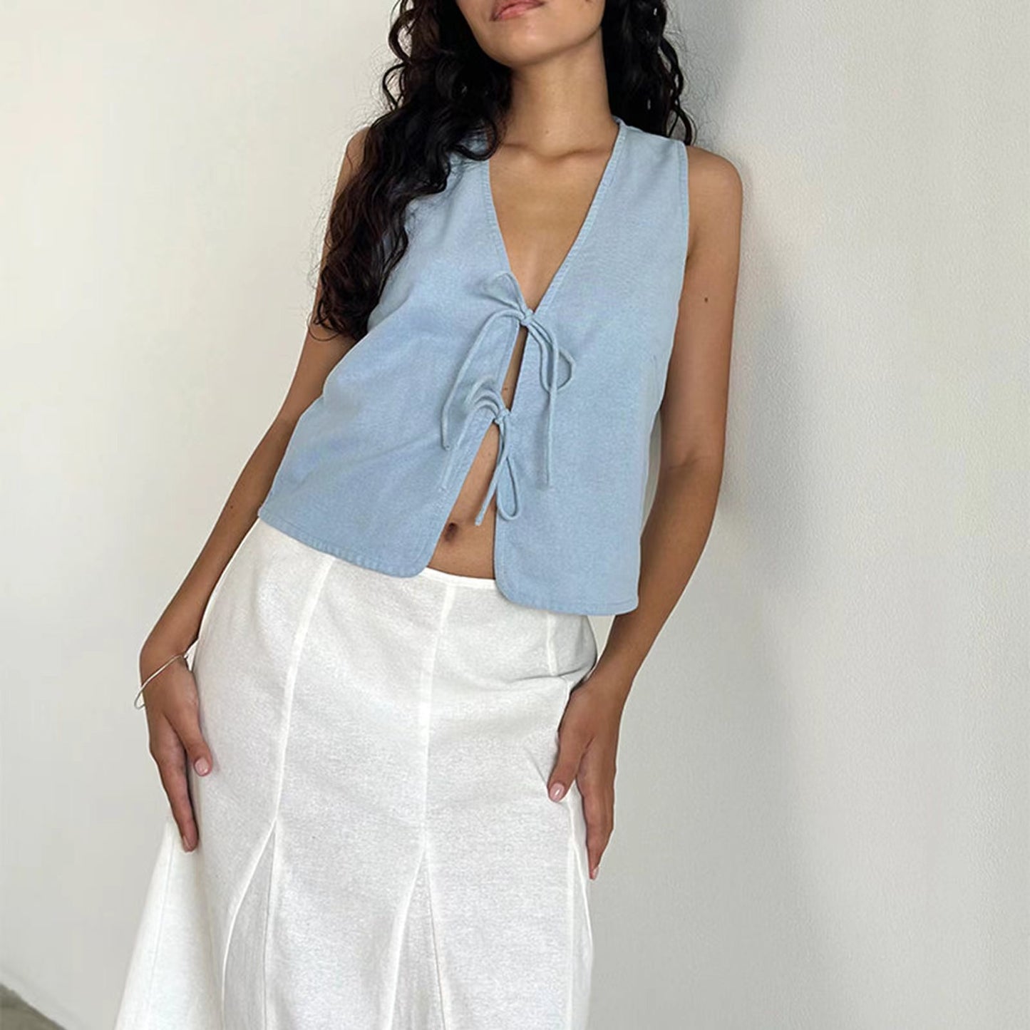 Tie-Up Fabric Sleeveless Tank Top